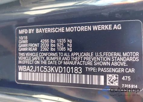 2019 BMW 230I z USA, uszkodzony, nr VIN WBA2J1C53KVD10183